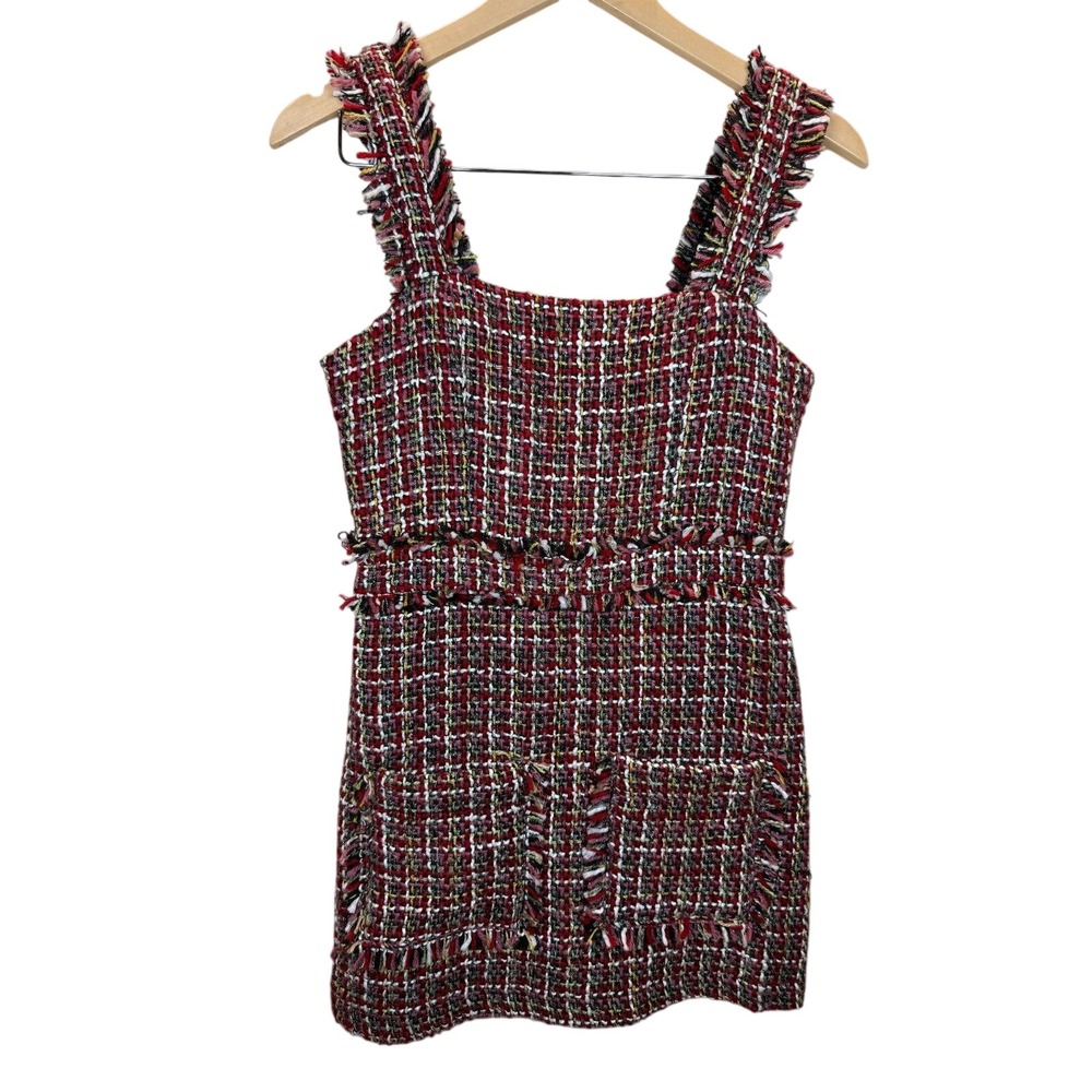 Olivaceous Mini Dress Women S Red Multi Tweed Fringe Hem Sleeveless Zip Back